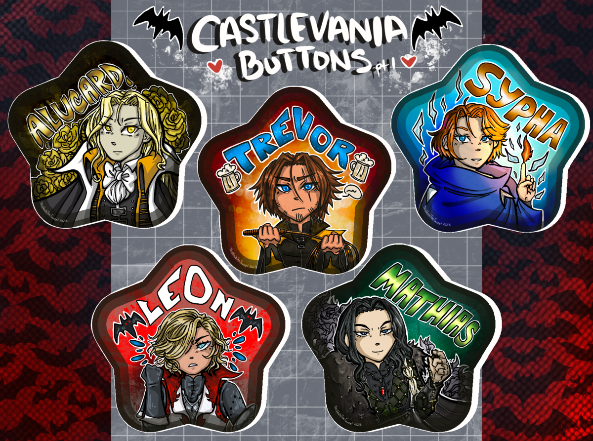 Shows star shaped images of the following Castlevania characters. Alucard (Castlevania: Symphony of the Night design), Trevor (Animated Series design), Sypha (animated series design), Leon Belmont (Castlevania: Lament of Innocence), Mathias Cronqvist (Castlevania: Lament of Innocence, aka baby dracula). The image shown is a digital display of the images to be printed to make the buttons.