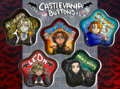 Shows star shaped images of the following Castlevania characters. Alucard (Castlevania: Symphony of the Night design), Trevor (Animated Series design), Sypha (animated series design), Leon Belmont (Castlevania: Lament of Innocence), Mathias Cronqvist (Castlevania: Lament of Innocence, aka baby dracula). The image shown is a digital display of the images to be printed to make the buttons.