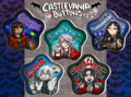 Shows star shaped images of the following Castlevania characters. Gabriel Belmont (Lord of Shadows, goes on to become the Dracula of that universe); Juste Belmont (Castlevania: Harmony of Dissonance); Shanoa (Castlevania: Order of Ecclesia); Soma Cruz (Castlevania: Aria of Sorrow); Vlad Dracula Tepes (Castlevania: Symphony of the Night but with black hair in the vain of the animated series). The image shown is a digital display of the images to be printed to make the buttons.