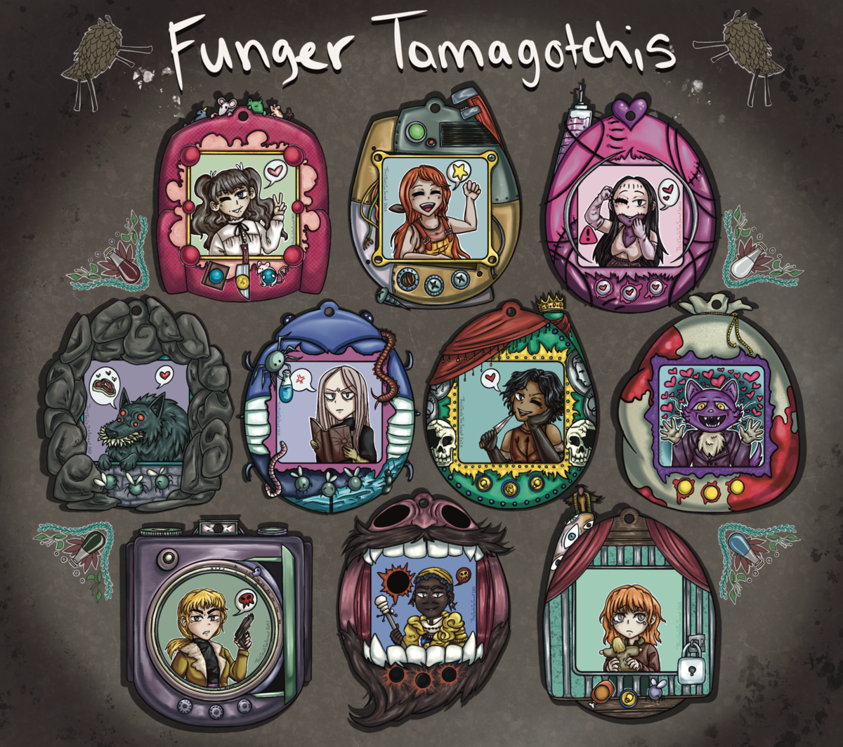 Header says Funger Tamogatchis. Below is a digital mock up of keychains done in the style of tamogatchis featuring characters from Fear and Hunger as well as Fear and Hunger Termina. The first row are: Marina, Abella, and Stitches. The second row are: Moonless, Enki, Cahara, and Pocketcat (Fear and Hunger Termina Design). The third and final row are: Karin, O'saa, and The Girl in the Cage.