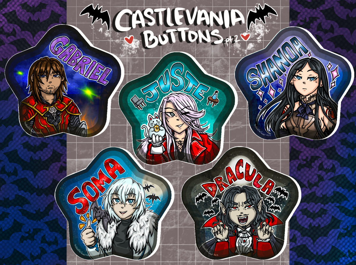 Shows star shaped images of the following Castlevania characters. Gabriel Belmont (Lord of Shadows, goes on to become the Dracula of that universe); Juste Belmont (Castlevania: Harmony of Dissonance); Shanoa (Castlevania: Order of Ecclesia); Soma Cruz (Castlevania: Aria of Sorrow); Vlad Dracula Tepes (Castlevania: Symphony of the Night but with black hair in the vain of the animated series). The image shown is a digital display of the images to be printed to make the buttons.
