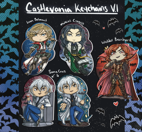 This is a digital mockup displaying various keychain designs from the Castlevania Series. The Characters and Keychains are as follows: Leon Belmont on one side and Mathias Cronqvist on the other (Castlevania: Lament of Innocence); Walter Bernhard, image mirrored on each side (Castlevania: Lament of Innocence); Soma Cruz, one side shows him taken over by Dracula the other one shows him happier and more human like surrounded by bats and stars (Castlevania: Aria of Sorrow)