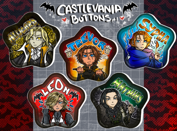 Shows star shaped images of the following Castlevania characters. Alucard (Castlevania: Symphony of the Night design), Trevor (Animated Series design), Sypha (animated series design), Leon Belmont (Castlevania: Lament of Innocence), Mathias Cronqvist (Castlevania: Lament of Innocence, aka baby dracula). The image shown is a digital display of the images to be printed to make the buttons.