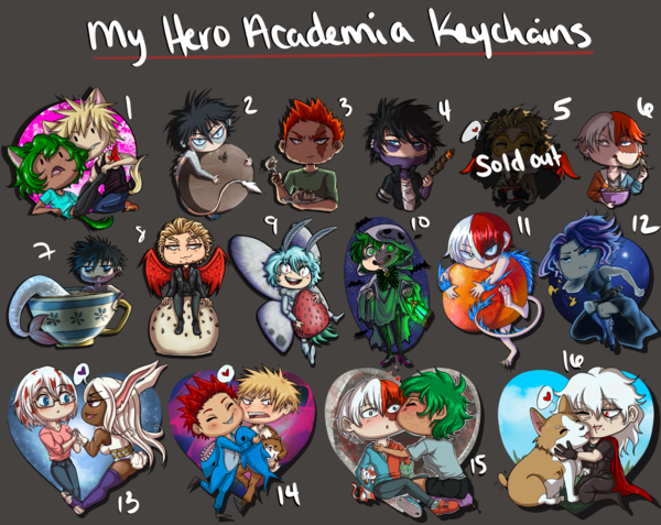 Header: My Hero Academia Keychains; The Keychain options are numbered and as follows:  1. Nekomimi BakuDeku 2. Monster Dabi 3. Enji with kuzumochi 4. Dabi with kebab 6. shouto with soba 7. mermaid teacup dabi 8. butler halloween hawks 9. moth shiggy 10. ghost deku 11. monster shouto 12. The Lovely Lady Nagant 13. Fuyumi/Rumi aka Icebunny 14. KiriBaku 15. Dekusho 16. Shiggy and Mon-chan